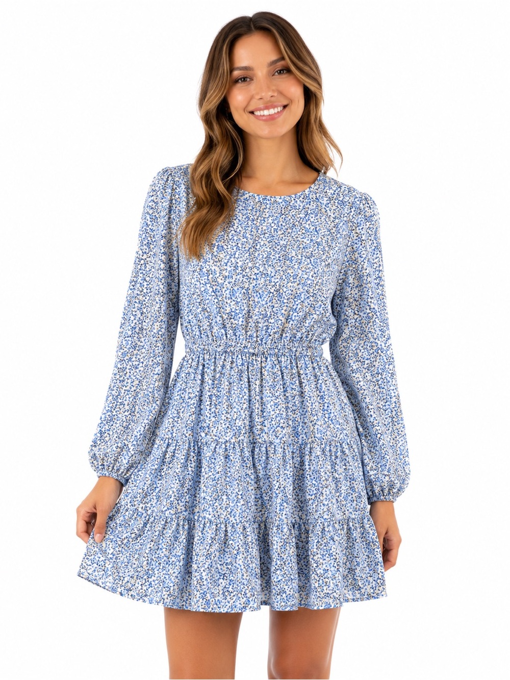 Draper James Blue Floral Long-Sleeve Tiered Dress